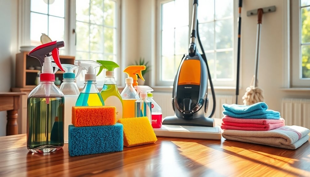 essential cleaning supplies gathered