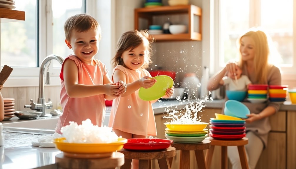 family dishwashing fun together